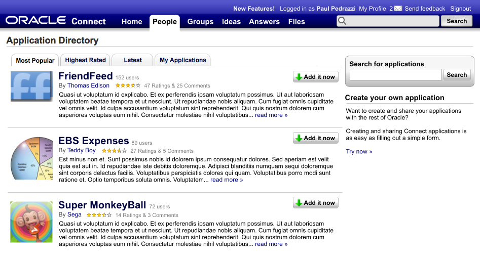 OpenSocial App Directory mockup
