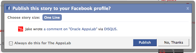 Facebook Connect confirmation of cross-posting your comment.